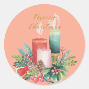 Elegant Watercolor Candlelight Christmas Card Classic Round Sticker
