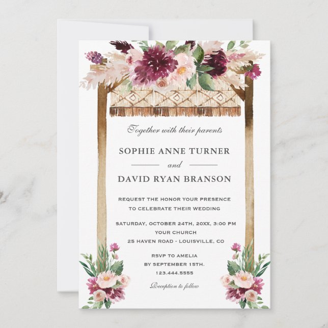 Elegant Watercolor Canopy Burgundy Flowers Wedding Invitation (Front)