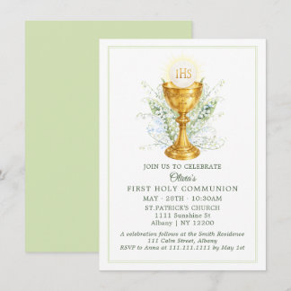 Elegant Watercolor Chalice First Holy Communion Invitation