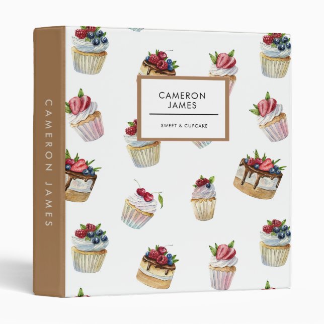 Elegant Watercolor Cheesecake & Cupcake Pattern Binder (Front/Spine)