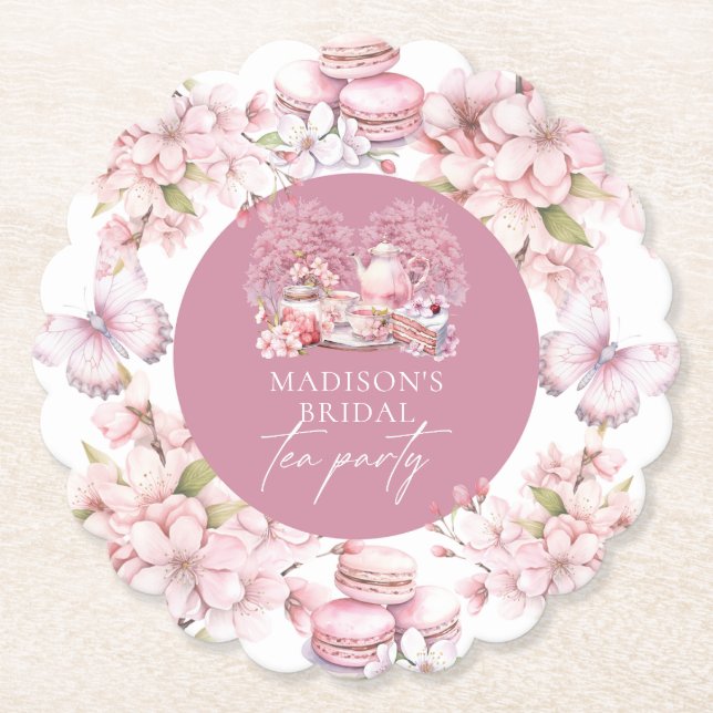 Elegant Watercolor Cherry Blossom Bridal Tea Paper Coaster (Front)