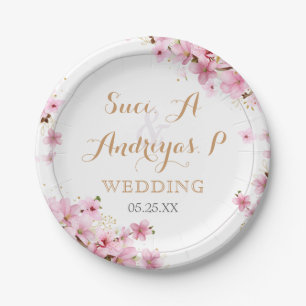 Elegant Watercolor Cherry Blossom Spring Wedding  Paper Plate