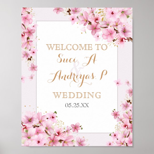 Elegant Watercolor Cherry Blossom Spring Wedding Poster (Front)