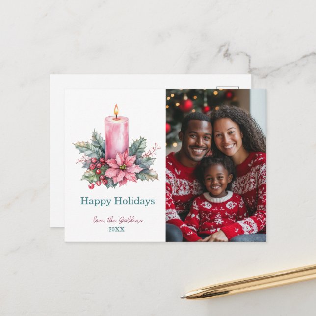 Elegant Watercolor Christmas Candle Custom Photo Holiday Postcard (Front/Back In Situ)