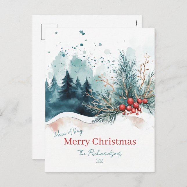 Elegant Watercolor Christmas Forest Postcard (Front/Back)