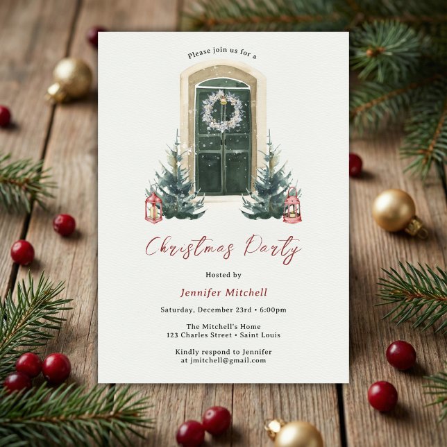Elegant Watercolor Christmas Holiday Party  Invitation (Watercolor Front Door Christmas Party Invite • Wreath & Lanterns (Personalized))
