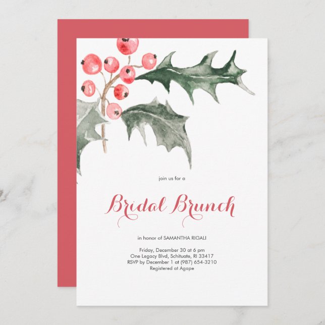 Elegant Watercolor Christmas Holly Bridal Brunch Invitation (Front/Back)