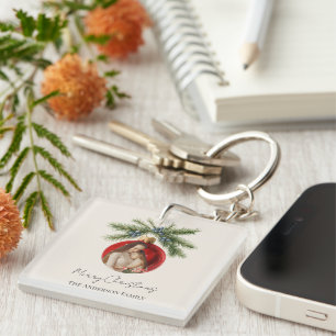 Elegant Watercolor Christmas Ornament Family Photo Keychain