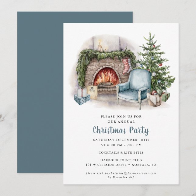 Elegant Watercolor Christmas Party Invitation  (Front/Back)