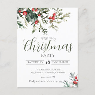 Elegant Watercolor Christmas Party Invitation Postcard