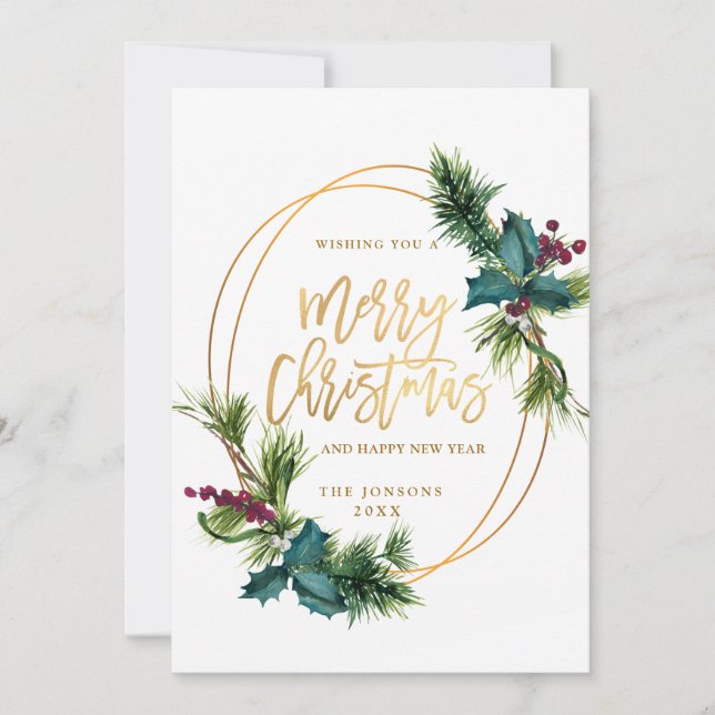 Elegant Watercolor Christmas Pine Cone Greeting Holiday Card (Front)