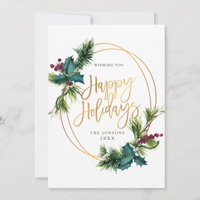 Elegant Watercolor Christmas Pine Cone Greeting Holiday Card (Front)