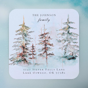 Elegant Watercolor Christmas Pine Return Address Square Sticker