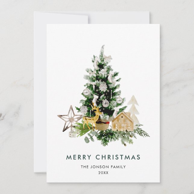 Elegant Watercolor Christmas Pine Tree Greeting Holiday Card (Front)