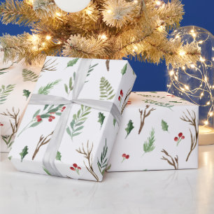 Elegant Watercolor Christmas Red Berry Botanical  Wrapping Paper