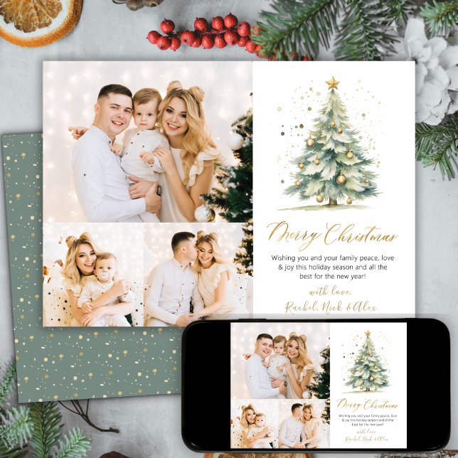 Elegant Watercolor Christmas Tree 3 Photo Collage Holiday Card (Creator Uploaded)