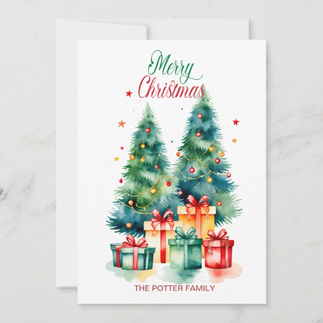 Elegant Watercolor Christmas Tree Holiday Card (Front)