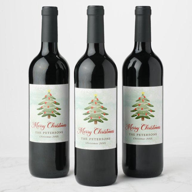 Elegant Watercolor Christmas Tree Holiday Party Wine Label (Bottles)
