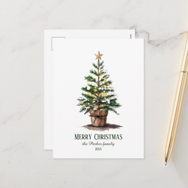 Elegant Watercolor Christmas Tree Non-Photo Holiday Postcard (Front/Back In Situ)