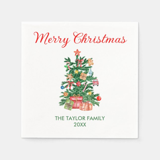 Elegant Watercolor Christmas Tree Ornaments & Gift Napkin (Front)