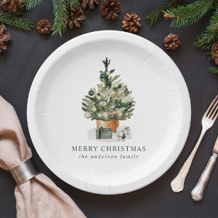 Elegant Watercolor Christmas Tree Paper Plate