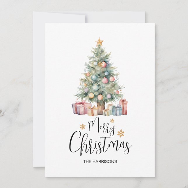 Elegant Watercolor Christmas Tree & Presents Holiday Card (Front)