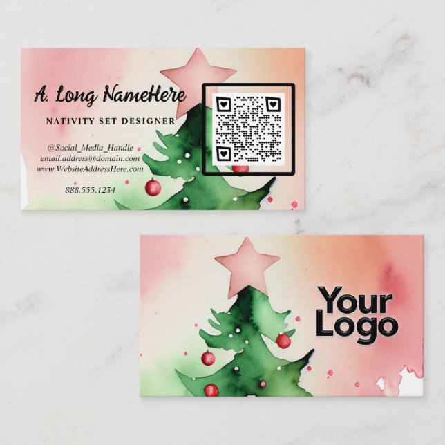 Elegant Watercolor Christmas Tree QR code Enclosure Card (Front/Back)
