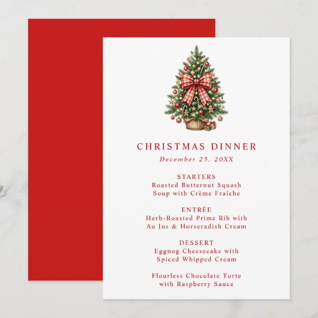 Elegant Watercolor Christmas Tree Red Gingham Bow Menu (Front/Back)