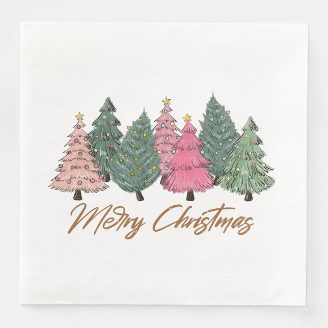 Elegant Watercolor Christmas Trees Merry Xmas Napkin (Front)