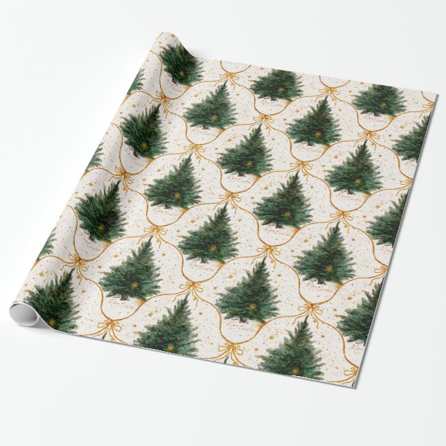 Elegant Watercolor Christmas Trees with Gold Bows  Wrapping Paper (Unrolled)