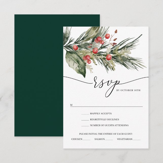 Elegant Watercolor Christmas Wedding RSVP Card (Front/Back)