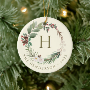 Elegant Watercolor Christmas Wreath Monogram Ceramic Ornament