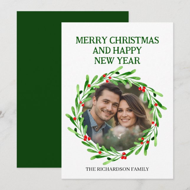 Elegant Watercolor Christmas Wreath Photo Holiday Card (Front/Back)