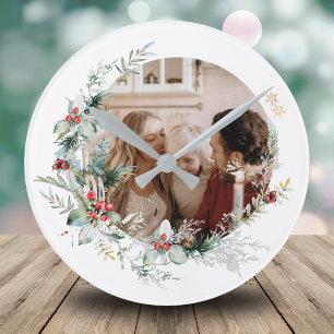 Elegant watercolor Christmas wreath photo Round Cl Clock