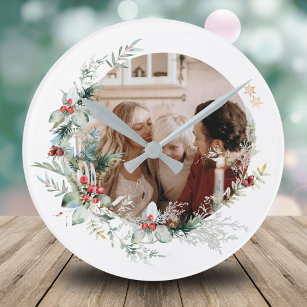 Elegant watercolor Christmas wreath photo Round Cl Round Clock
