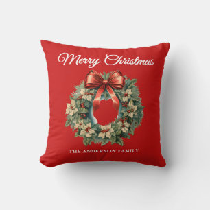 Elegant Watercolor Christmas Wreath Red Throw Pillow