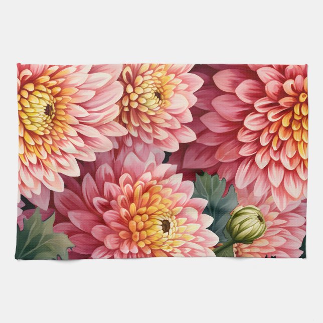 Elegant Watercolor Chrysanthemums Kitchen Towel (Horizontal)