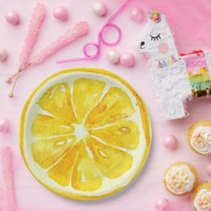 Elegant watercolor citrus Birthday party yellow Paper Plate