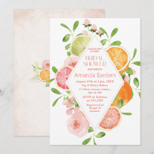 Elegant Watercolor Citrus Pink Flowers bridal sho Invitation