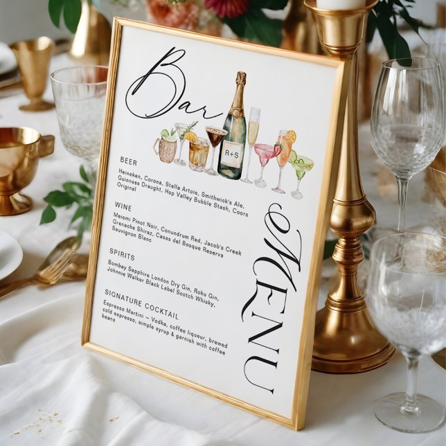 Elegant Watercolor Cocktails Wedding Bar Menu Poster (Elegant Watercolor Cocktails Wedding Bar Menu Poster)
