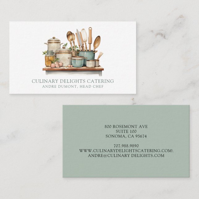 Elegant Watercolor Cook's Table Chef Caterer Business Card (Front/Back)
