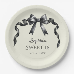 Elegant Watercolor Coquette Black Bow Sweet 16 Paper Plate