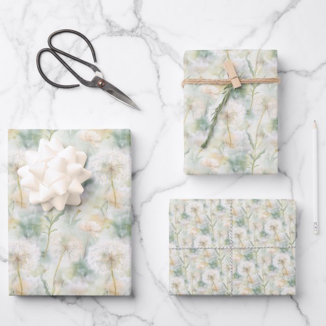 Elegant Watercolor Dandelions Wrapping Paper Sheet (Front)