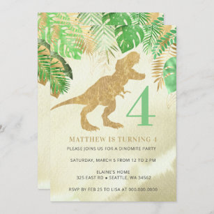 Elegant Watercolor Dinosaur Green Gold Birthday Invitation