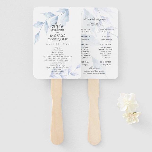 Elegant Watercolor Dusty Blue Floral Program Hand Fan (Front and Back)