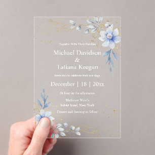 elegant watercolor dusty blue floral wedding  acrylic invitations