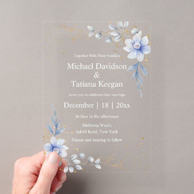 elegant watercolor dusty blue floral wedding  acrylic invitations (Insitu (Handheld))