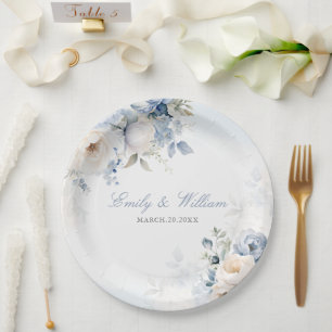 Elegant Watercolor Dusty Blue Floral Wedding Paper Plate