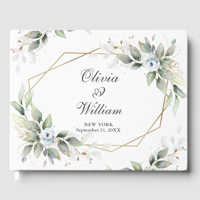 Elegant Watercolor Dusty Blue Foliage Wedding Guest Book (Front)