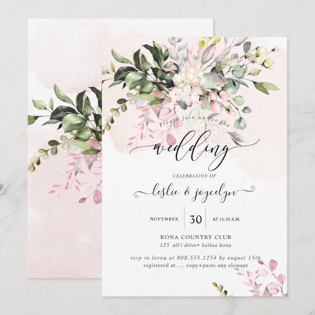 Elegant Watercolor Dusty Blush Pink Eucalyptus Invitation (Front/Back)